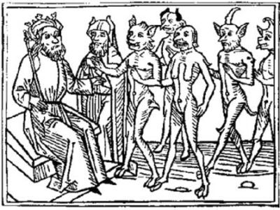 A woodcarving of Belial and some of his followers from Jacobus de Teramo's book en:Buch Belial (1473)