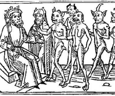 A woodcarving of Belial and some of his followers from Jacobus de Teramo's book en:Buch Belial (1473)