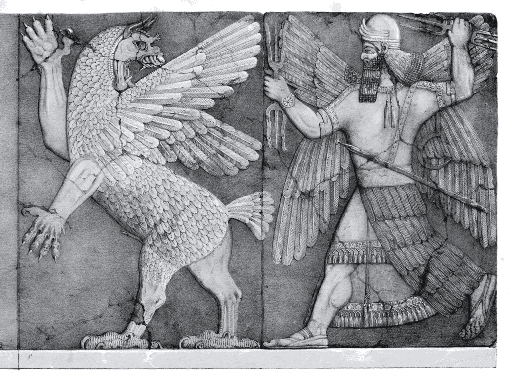 Combat Myth: Chaos Monster & Sun God - drawing by L. Gruner