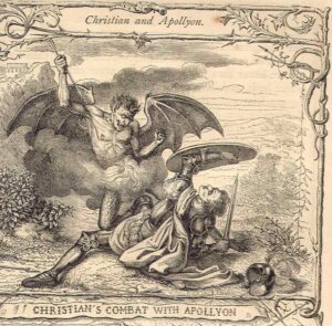 Apollyon (top) battling Christian in John Bunyan's The Pilgrim's Progress (1678)