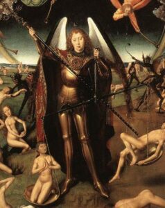 The Archangel Michael weighing souls on Judgement Day. Hans Memling (15th century)