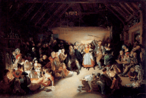 Snap-Apple Night (1833), painted by Daniel Maclise, shows people playing divination games on 31 October in Ireland