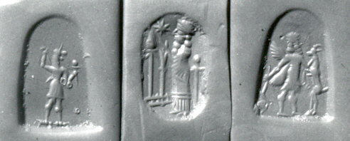 Babylonian & Assyrian Demonology: Stamp seal (octagonal pyramid) with cultic scene, demon, and two-figure contest (late 8th–6th century BCE) - via The Met Museum