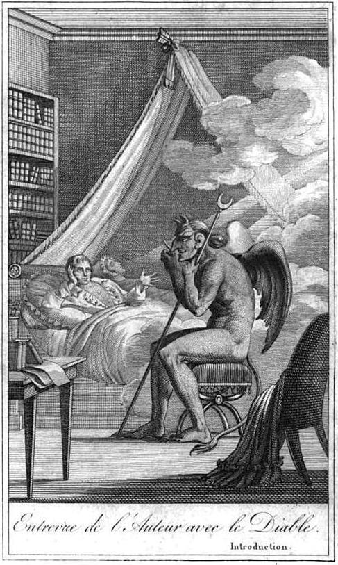 Dictionnaire Infernal - Illustration from Diable peint par lui-même (1825) depicting Collin de Plancy, reclining on his bed, having a discussion with the devil